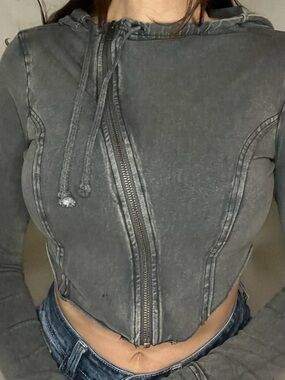 Urban Outfitters Charcoal Washed Cropped Zip-Up Hoodie